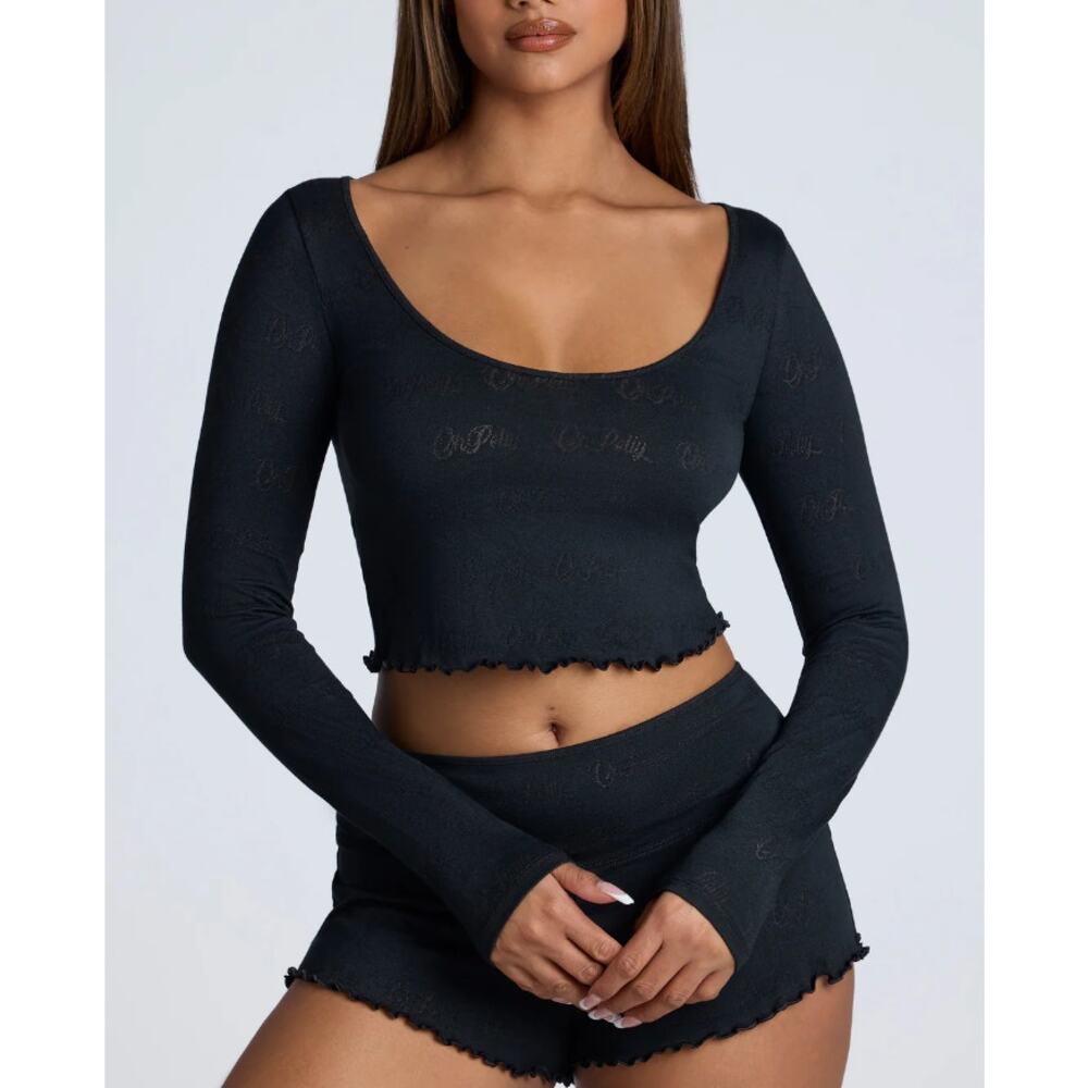 Oh Polly	Long Sleeve Scoop Neck Pointelle Crop Top in Black Size Small